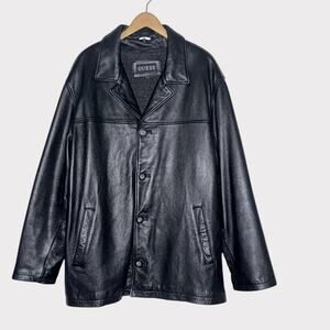 GUESS Black Leather Jacket Coat Slant Pockets Zip Liner Mens XL NWOT